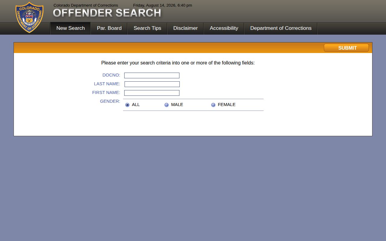 Conejos County state sentenced offender search on the CDOC interface
