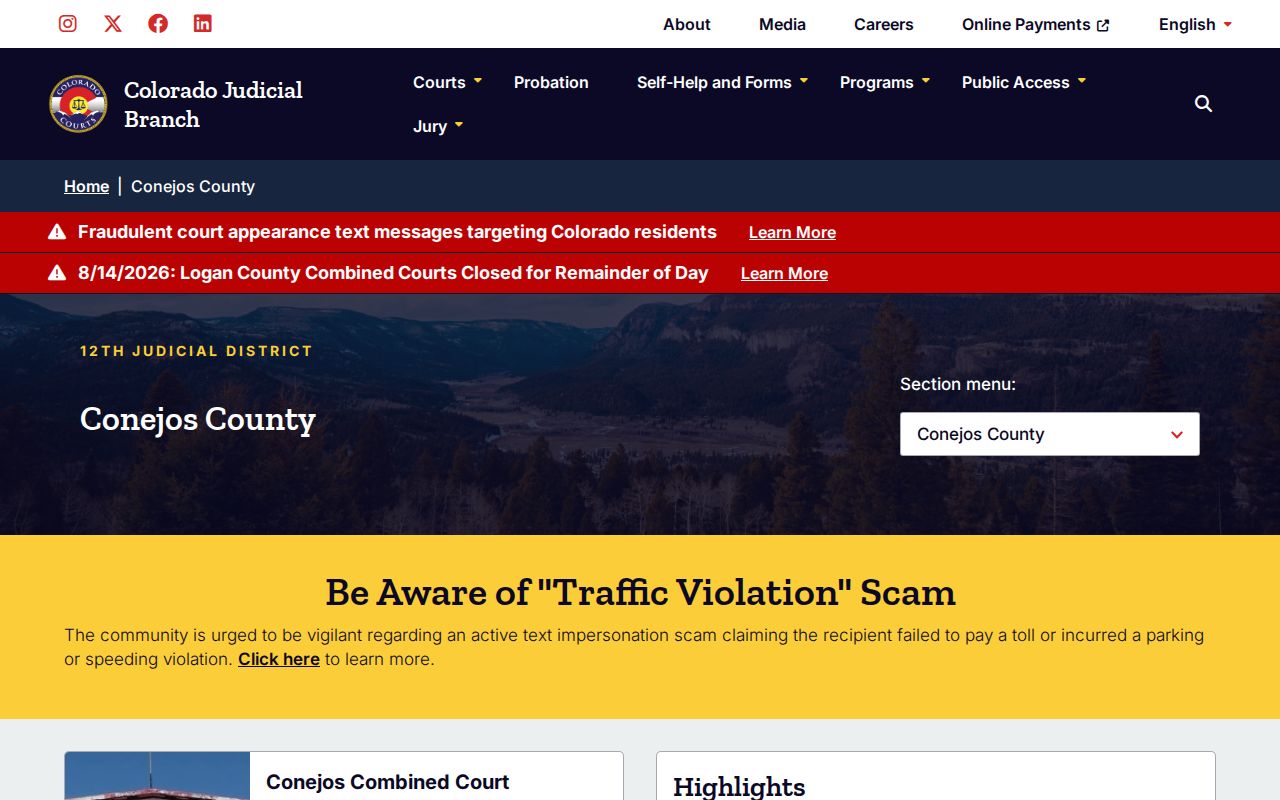 Conejos County warrant check through the Combined Court directory