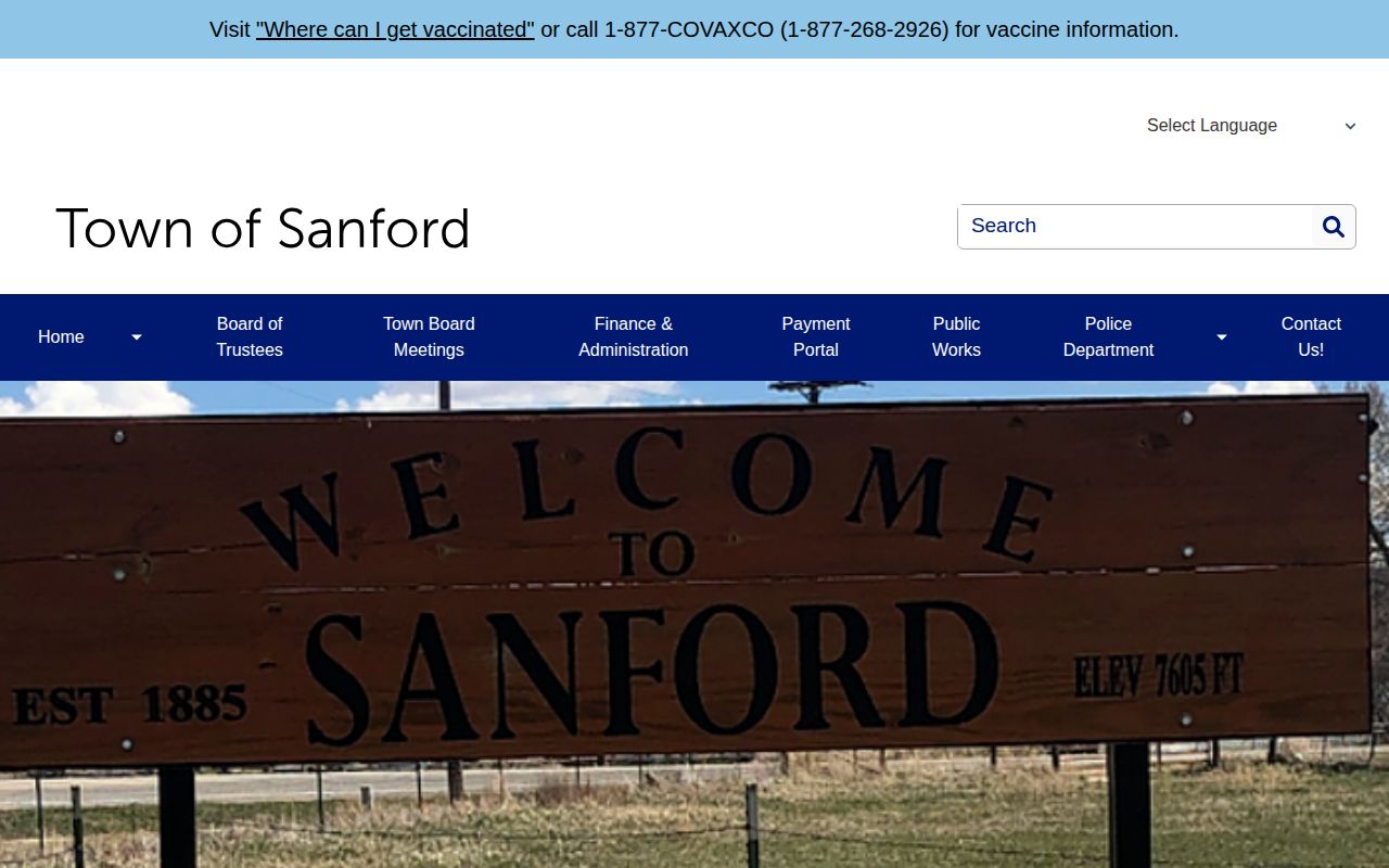 Sanford town page showing no Conejos County arrest feed or busted mugshot roster